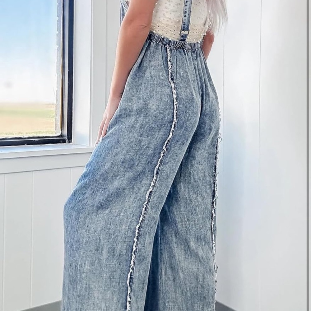 Light wash Denim Frayed Detail wide leg Jumpsuit Overalls - Picture 4 of 4